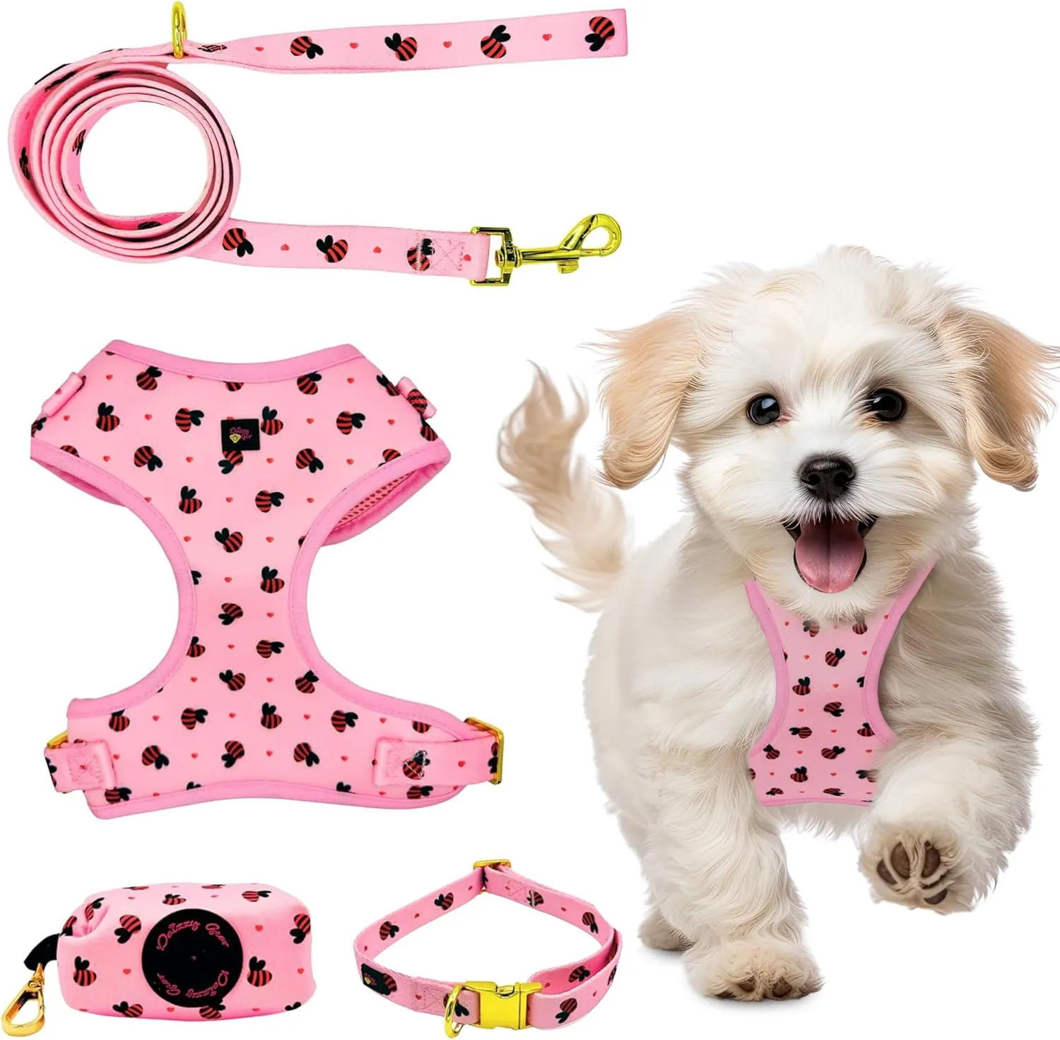Small Dog Harness Set  No Pull Harness, Leash, Collar & Poop Bag Holder  Pink Red Bees Matching Set with Gold Hardware  Adjustable, Stylish, and Comfortable for Daily Walks- M Size