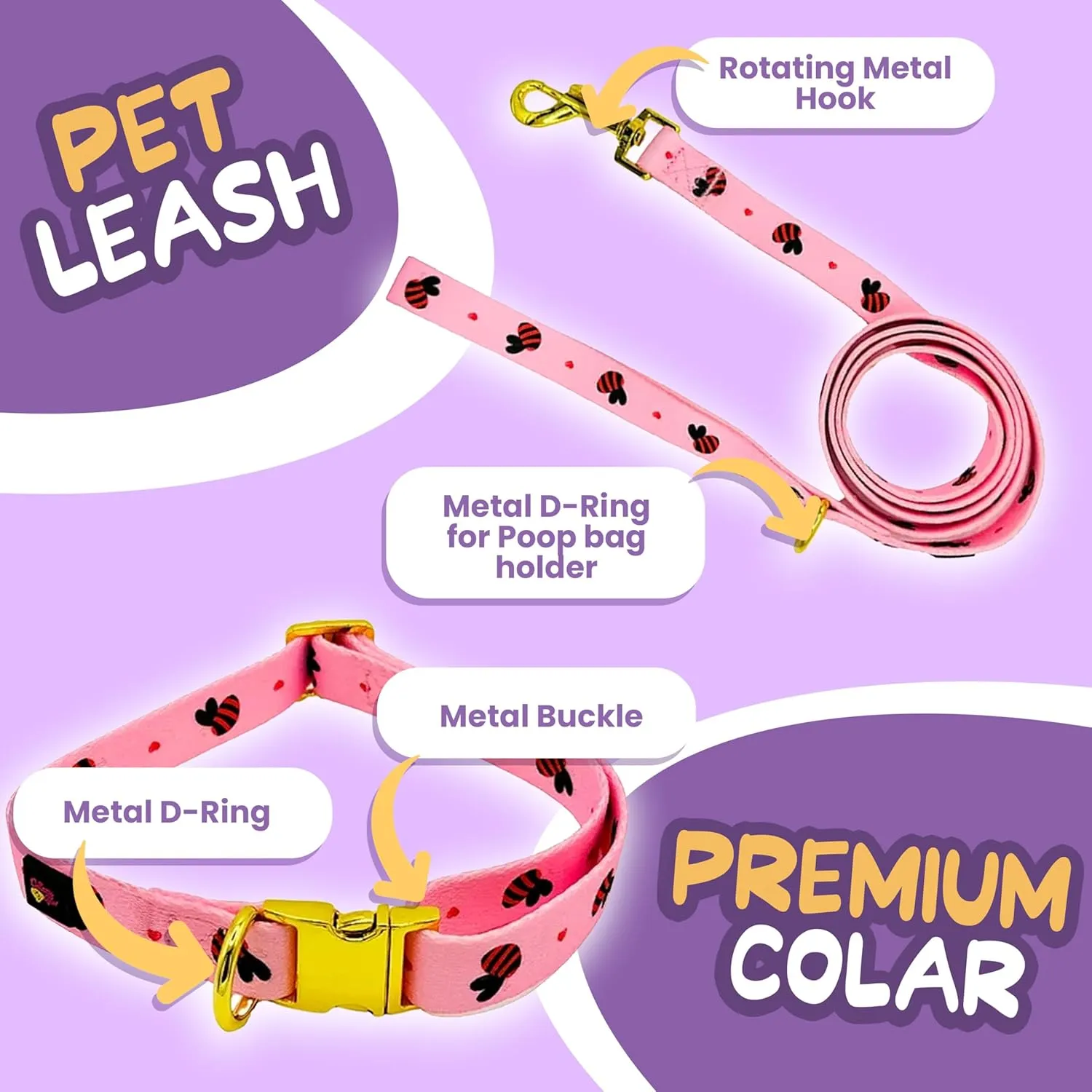 Small Dog Harness Set  No Pull Harness, Leash, Collar & Poop Bag Holder  Pink Red Bees Matching Set with Gold Hardware  Adjustable, Stylish, and Comfortable for Daily Walks- M Size