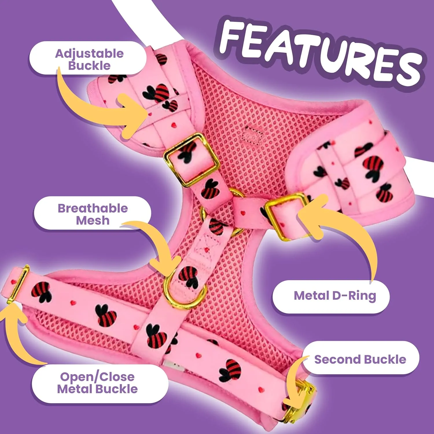 Small Dog Harness Set  No Pull Harness, Leash, Collar & Poop Bag Holder  Pink Red Bees Matching Set with Gold Hardware  Adjustable, Stylish, and Comfortable for Daily Walks- M Size