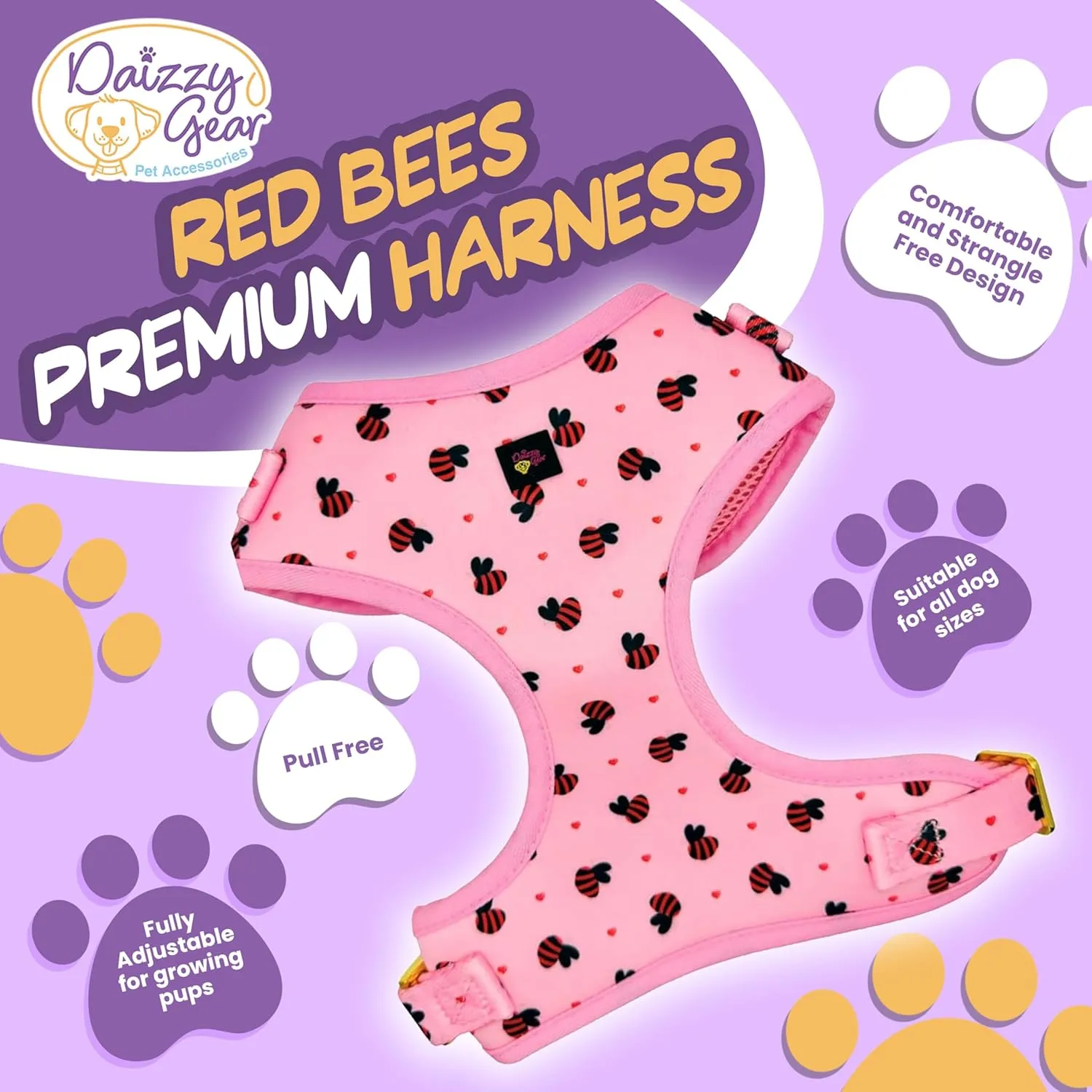 Small Dog Harness Set  No Pull Harness, Leash, Collar & Poop Bag Holder  Pink Red Bees Matching Set with Gold Hardware  Adjustable, Stylish, and Comfortable for Daily Walks- M Size