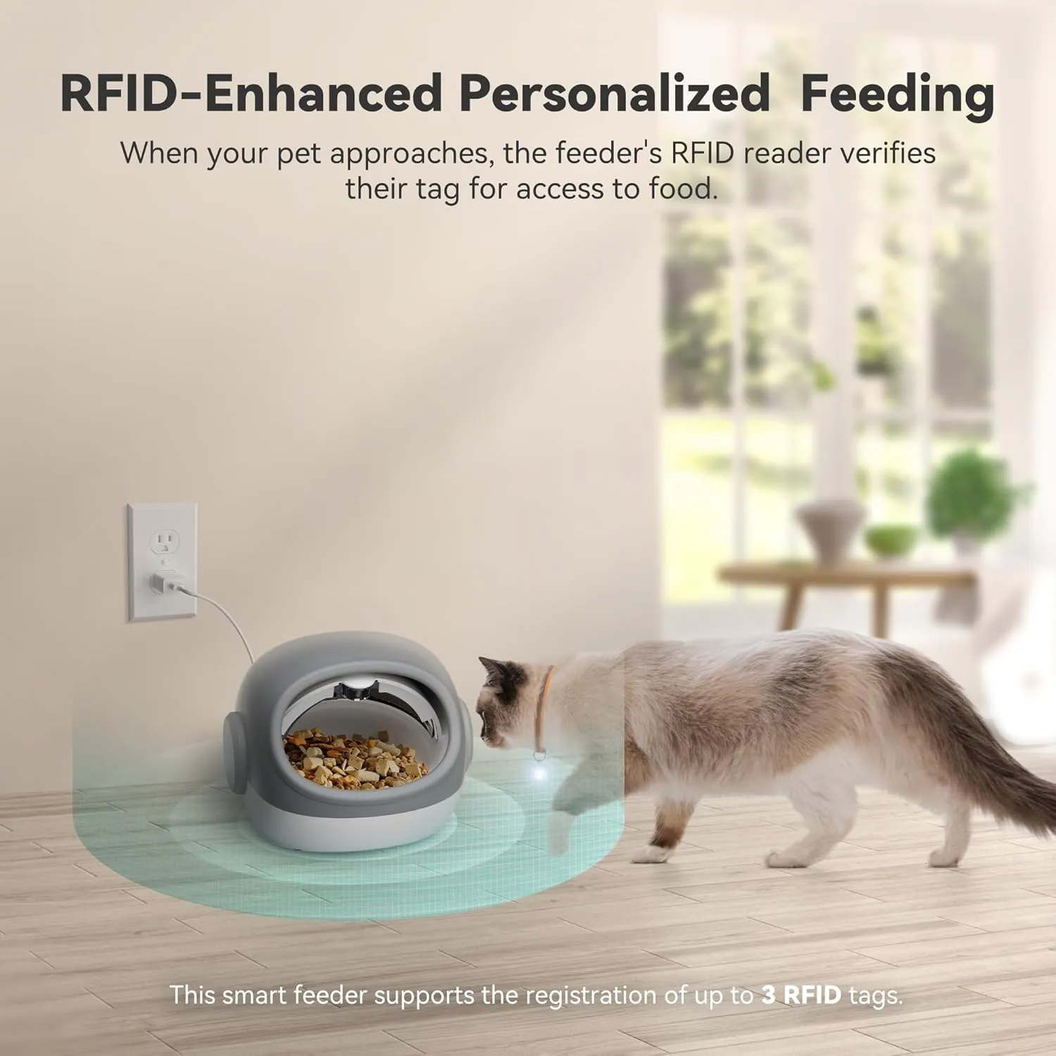 Upgraded RFID Cat Feeder with Collar Sensor  4 Feeding Modes, Anti-Theft Pet Feeder for Multi-Cat Households, Timed Collar-Activated Feeder for Special Diets & Portion Control (Gray)