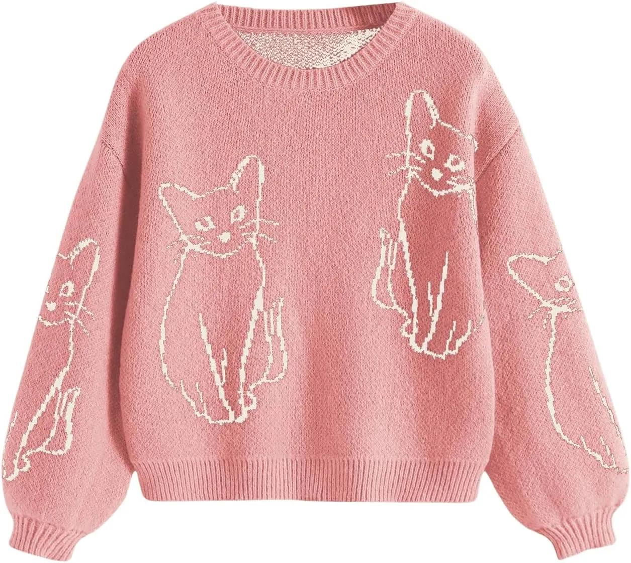 WDIRARA Women's Cartoon Cat Bishop Long Sleeve Round Neck Sweater Drop Shoulder Pullover Tops
