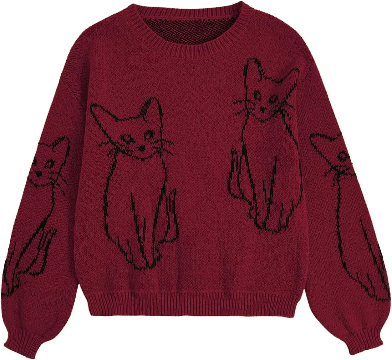 WDIRARA Women's Cartoon Cat Bishop Long Sleeve Round Neck Sweater Drop Shoulder Pullover Tops