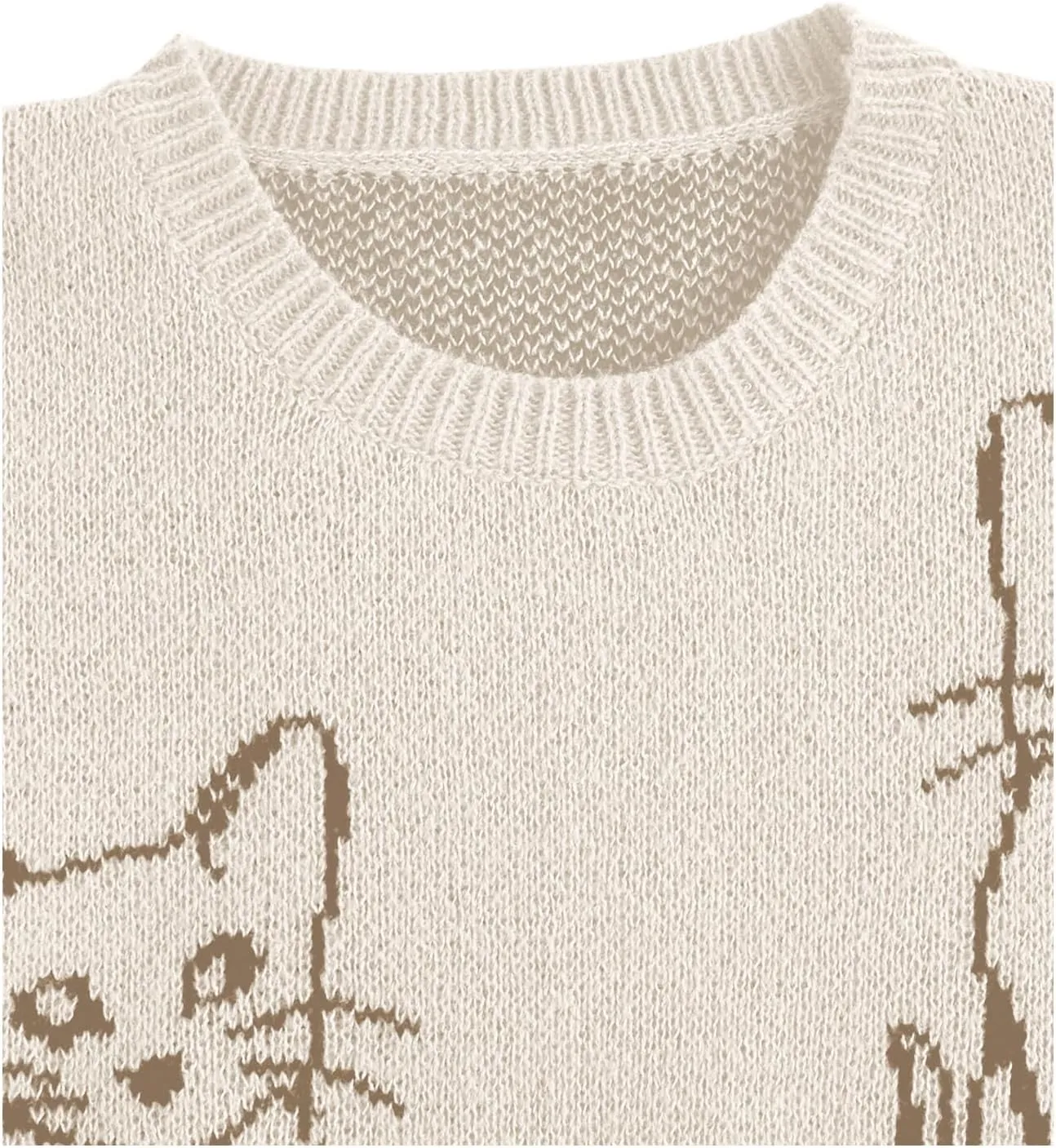 WDIRARA Women's Cartoon Cat Bishop Long Sleeve Round Neck Sweater Drop Shoulder Pullover Tops