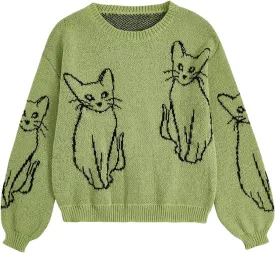 WDIRARA Women's Cartoon Cat Bishop Long Sleeve Round Neck Sweater Drop Shoulder Pullover Tops