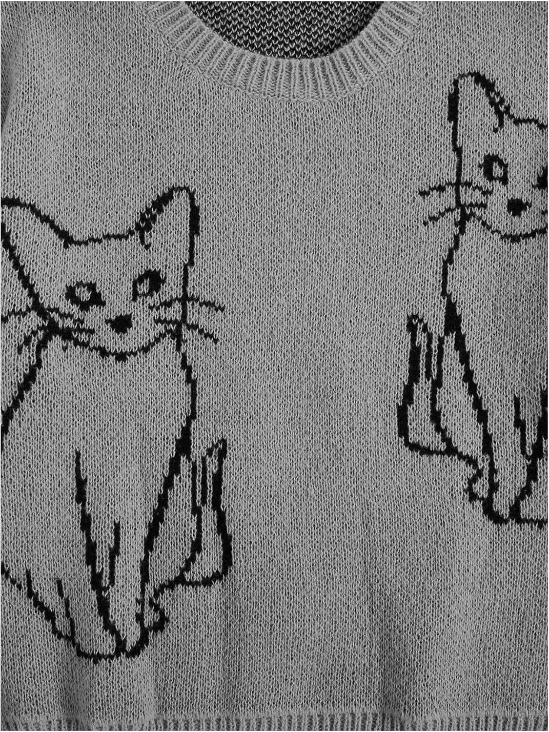 WDIRARA Women's Cartoon Cat Bishop Long Sleeve Round Neck Sweater Drop Shoulder Pullover Tops