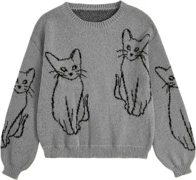 WDIRARA Women's Cartoon Cat Bishop Long Sleeve Round Neck Sweater Drop Shoulder Pullover Tops