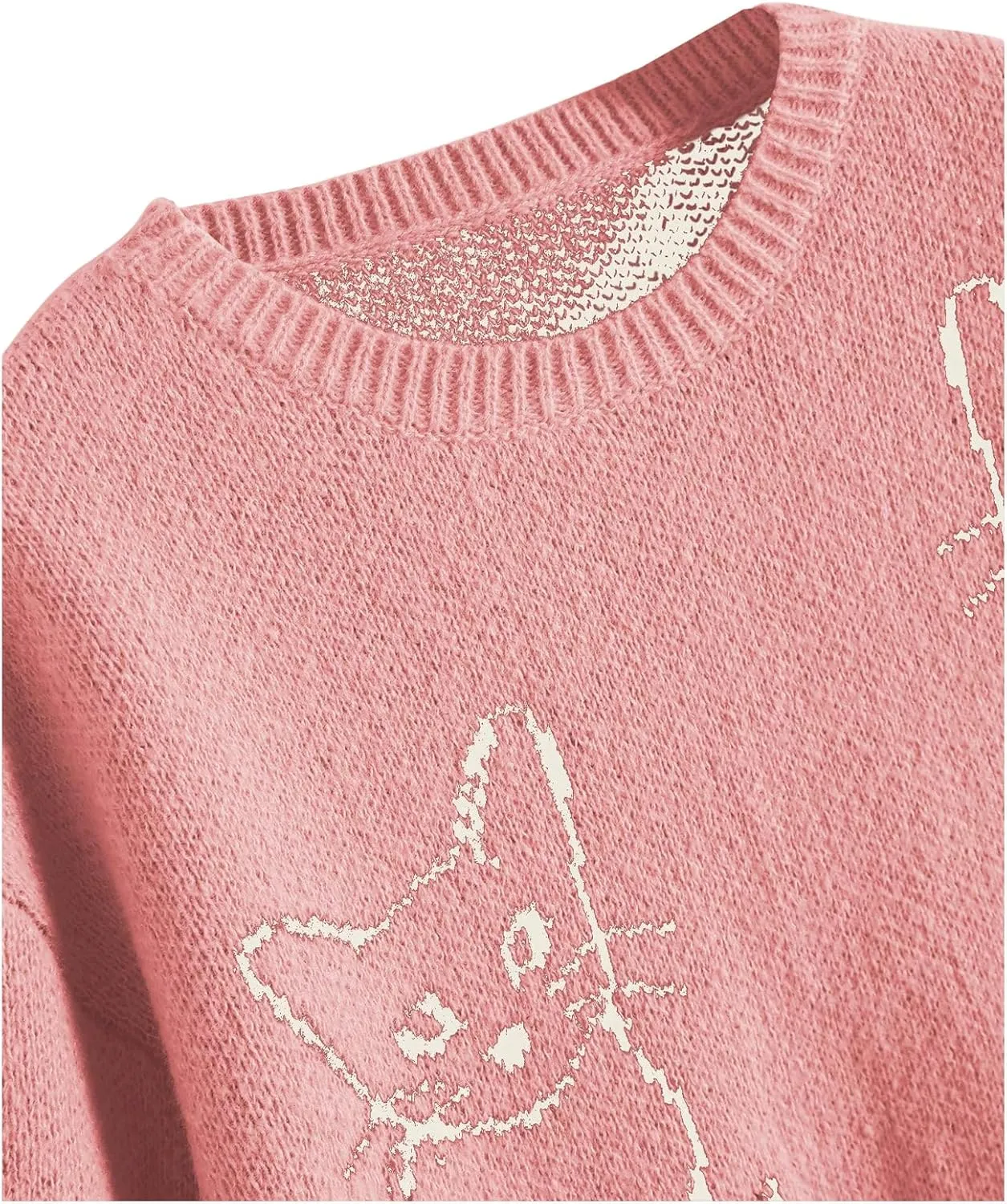 WDIRARA Women's Cartoon Cat Bishop Long Sleeve Round Neck Sweater Drop Shoulder Pullover Tops