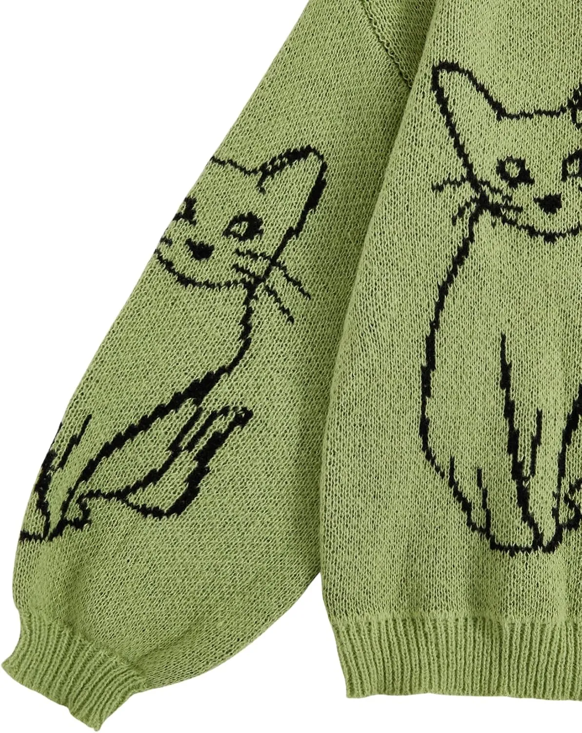 WDIRARA Women's Cartoon Cat Bishop Long Sleeve Round Neck Sweater Drop Shoulder Pullover Tops