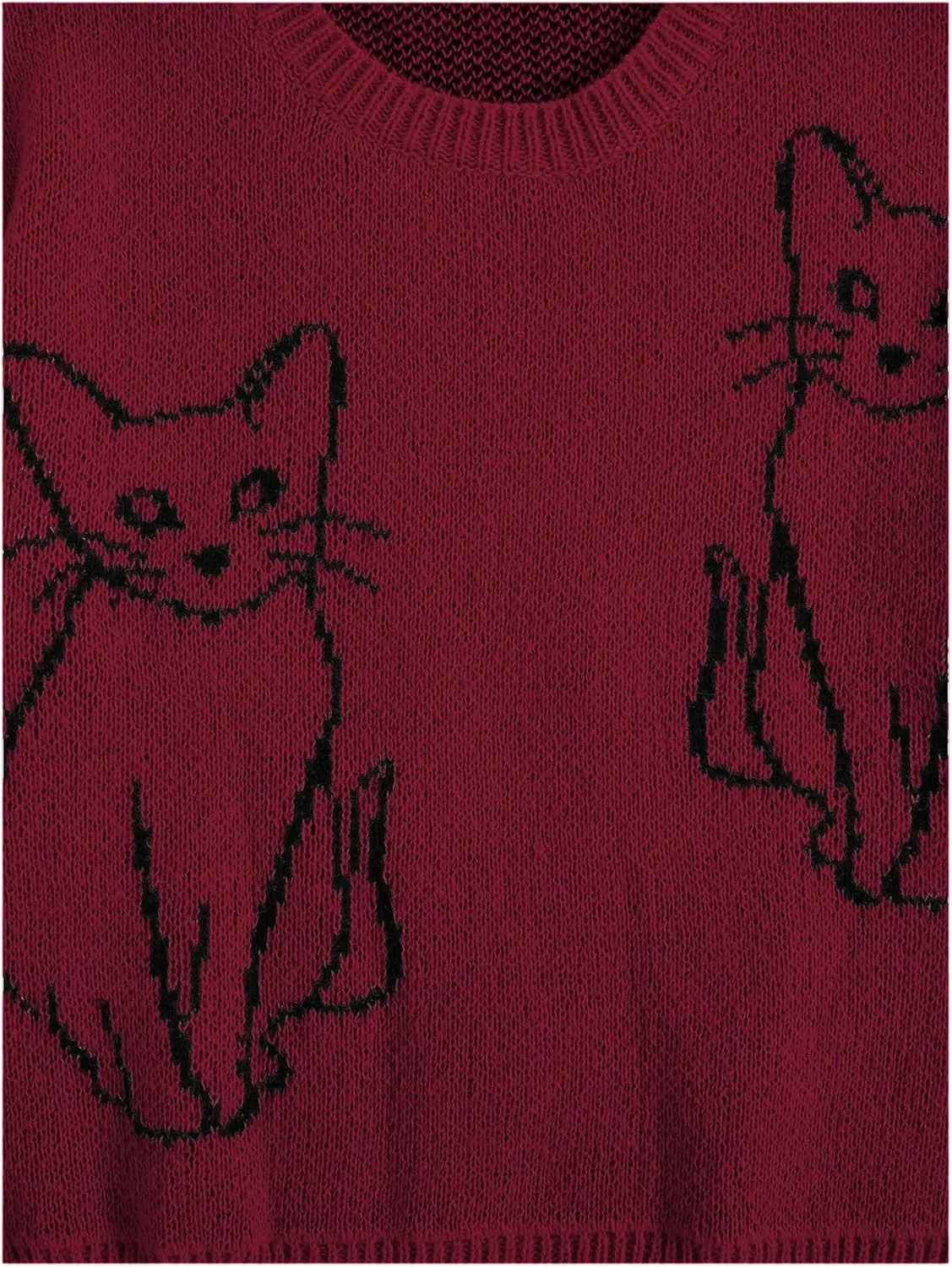 WDIRARA Women's Cartoon Cat Bishop Long Sleeve Round Neck Sweater Drop Shoulder Pullover Tops