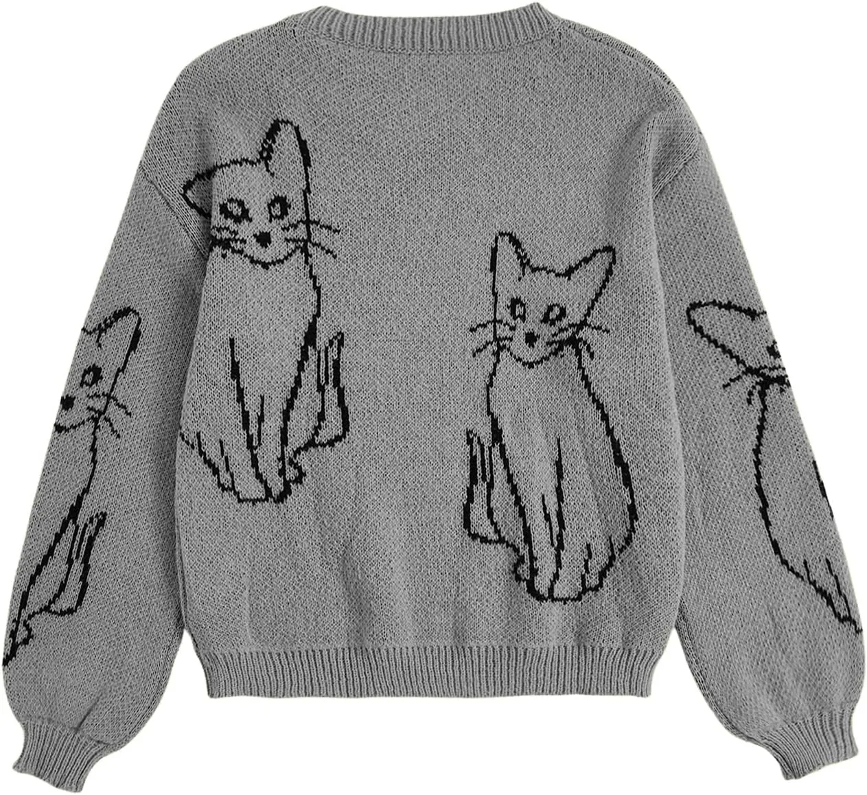 WDIRARA Women's Cartoon Cat Bishop Long Sleeve Round Neck Sweater Drop Shoulder Pullover Tops