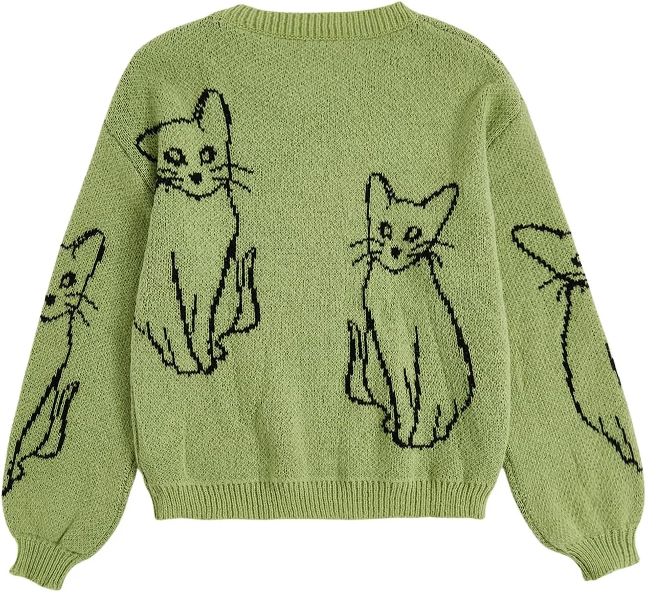 WDIRARA Women's Cartoon Cat Bishop Long Sleeve Round Neck Sweater Drop Shoulder Pullover Tops