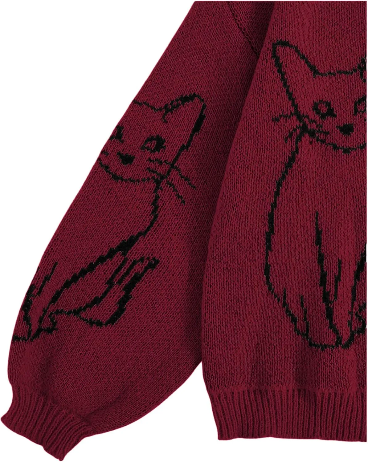 WDIRARA Women's Cartoon Cat Bishop Long Sleeve Round Neck Sweater Drop Shoulder Pullover Tops