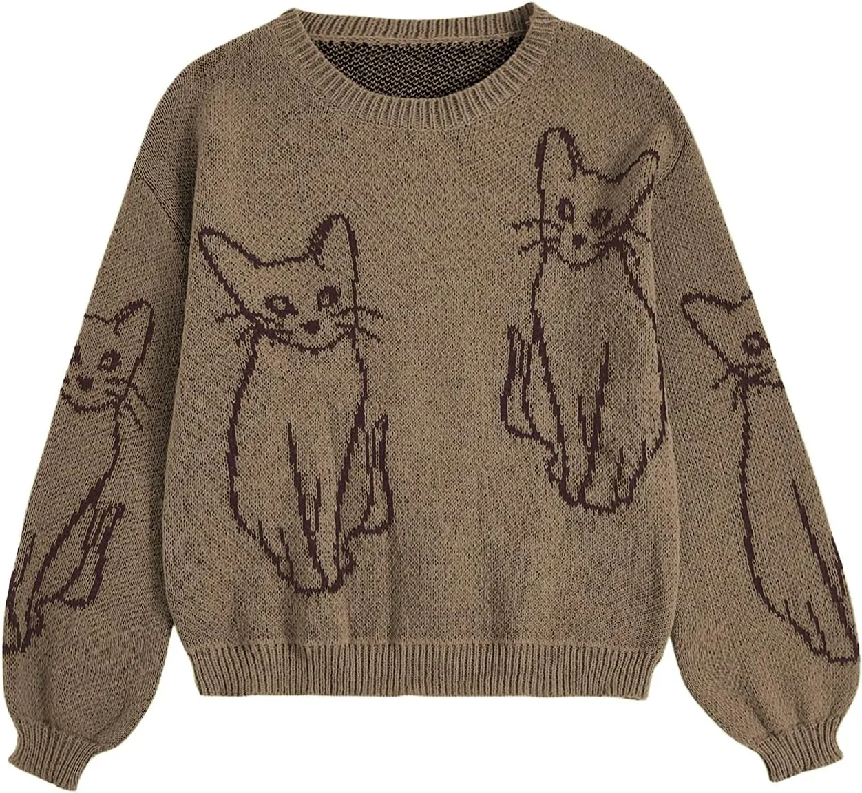 WDIRARA Women's Cartoon Cat Bishop Long Sleeve Round Neck Sweater Drop Shoulder Pullover Tops