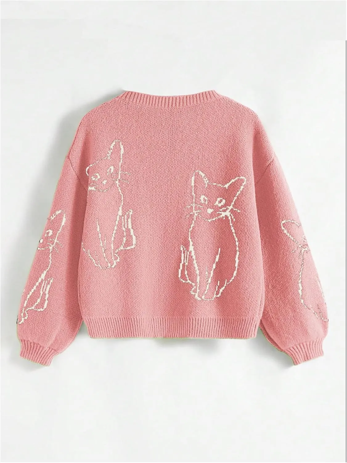 WDIRARA Women's Cartoon Cat Bishop Long Sleeve Round Neck Sweater Drop Shoulder Pullover Tops