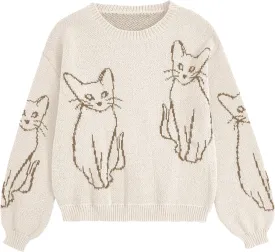 WDIRARA Women's Cartoon Cat Bishop Long Sleeve Round Neck Sweater Drop Shoulder Pullover Tops