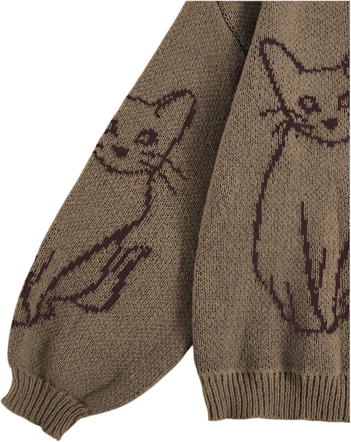 WDIRARA Women's Cartoon Cat Bishop Long Sleeve Round Neck Sweater Drop Shoulder Pullover Tops