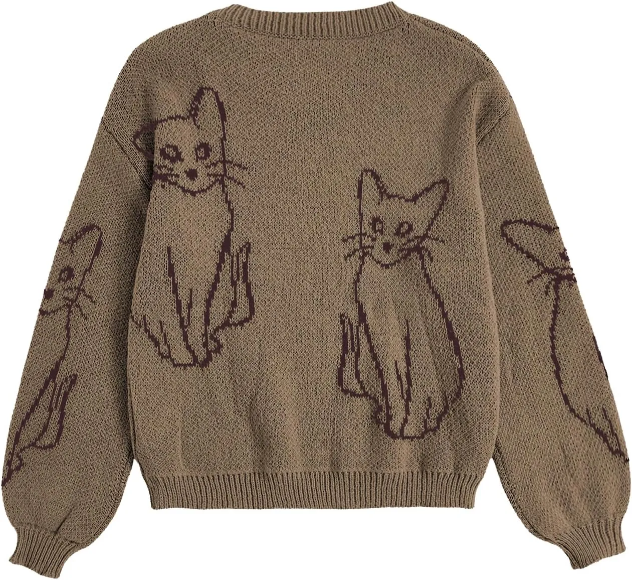 WDIRARA Women's Cartoon Cat Bishop Long Sleeve Round Neck Sweater Drop Shoulder Pullover Tops