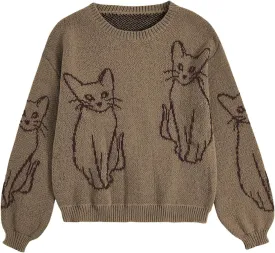 WDIRARA Women's Cartoon Cat Bishop Long Sleeve Round Neck Sweater Drop Shoulder Pullover Tops