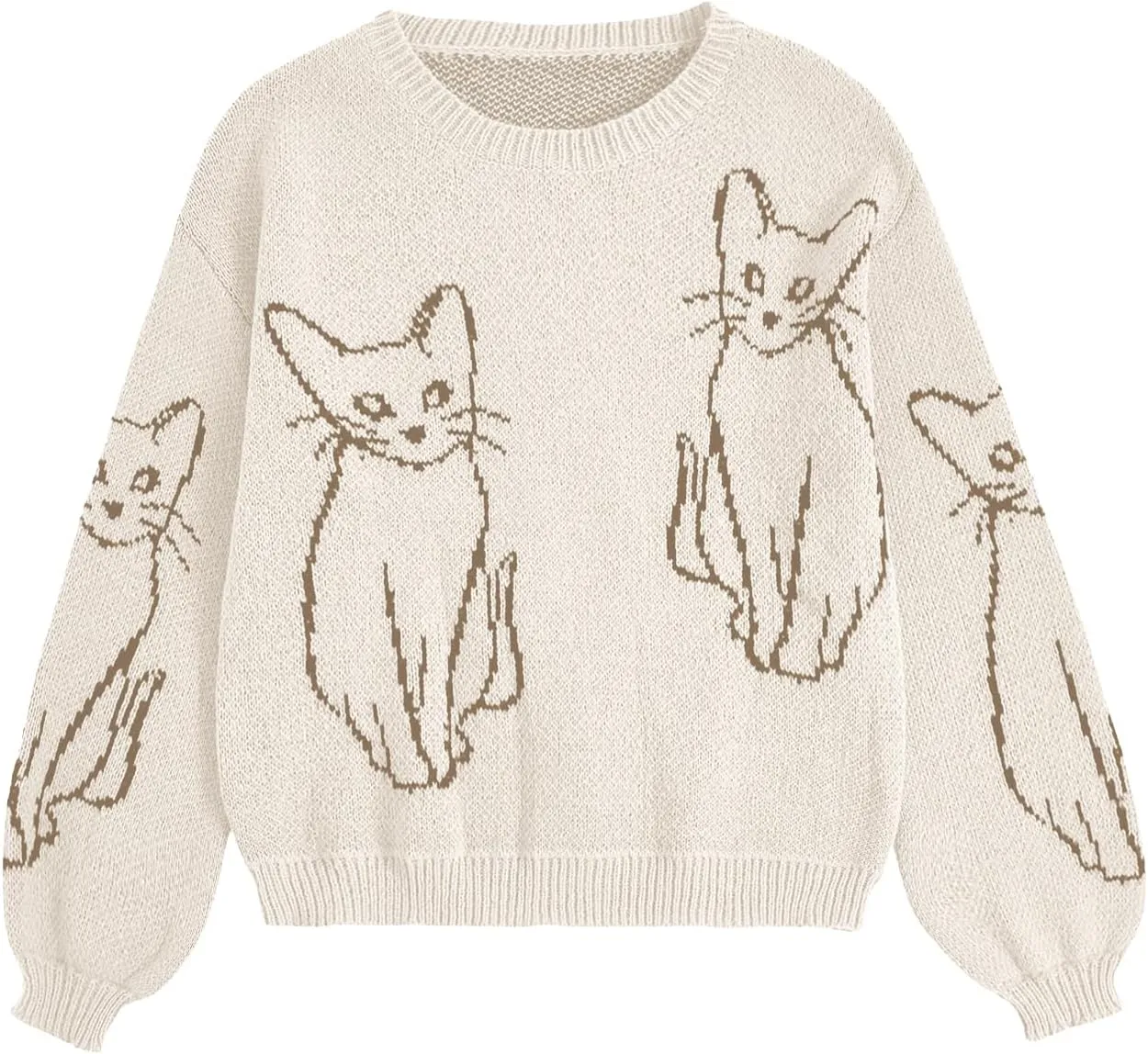 WDIRARA Women's Cartoon Cat Bishop Long Sleeve Round Neck Sweater Drop Shoulder Pullover Tops