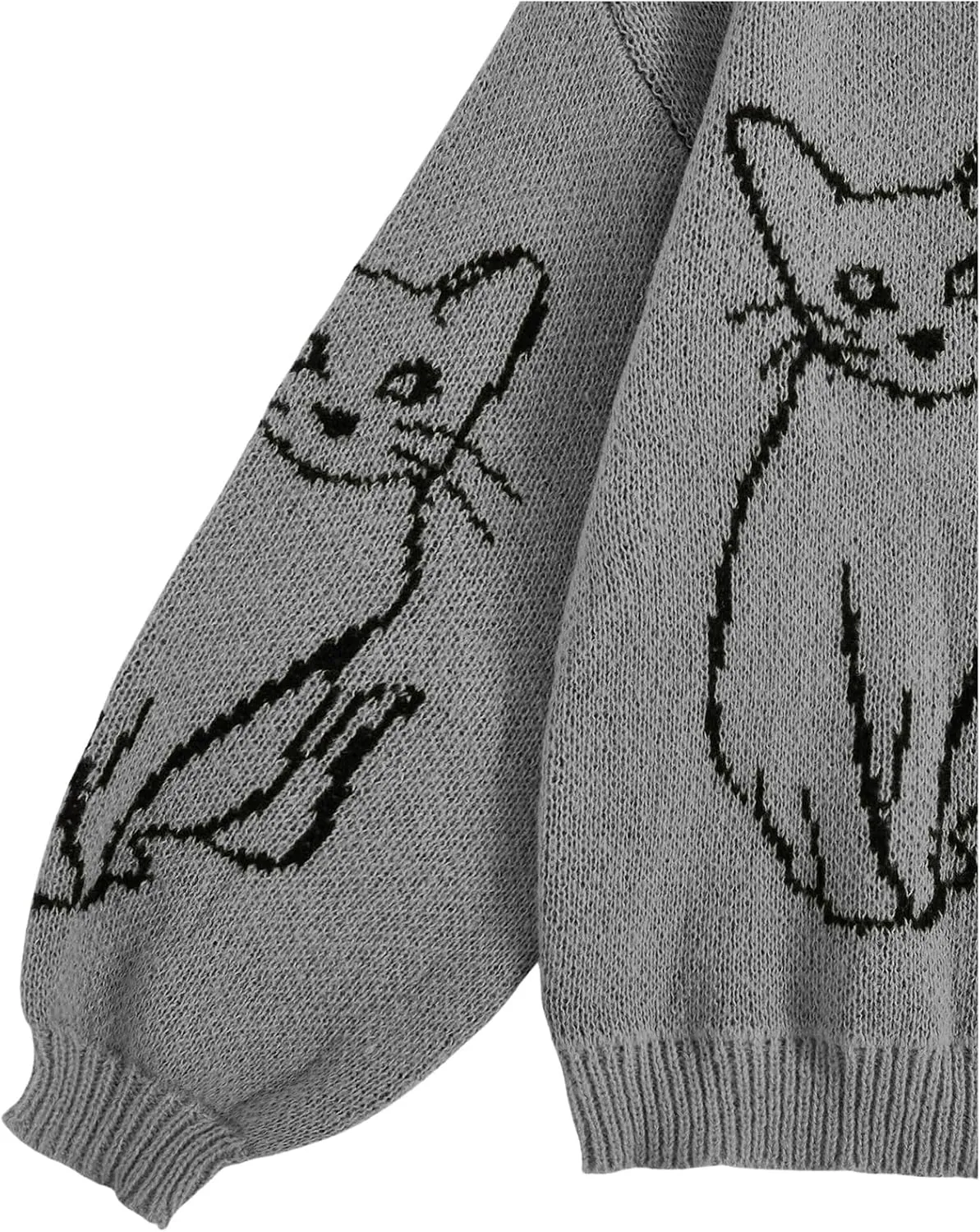 WDIRARA Women's Cartoon Cat Bishop Long Sleeve Round Neck Sweater Drop Shoulder Pullover Tops