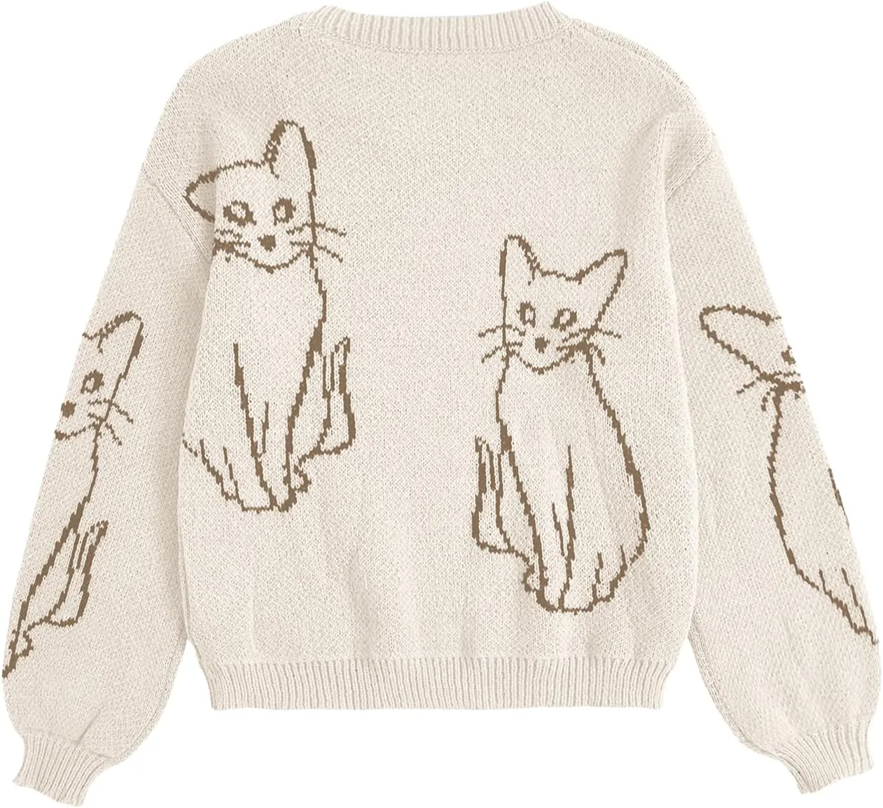WDIRARA Women's Cartoon Cat Bishop Long Sleeve Round Neck Sweater Drop Shoulder Pullover Tops