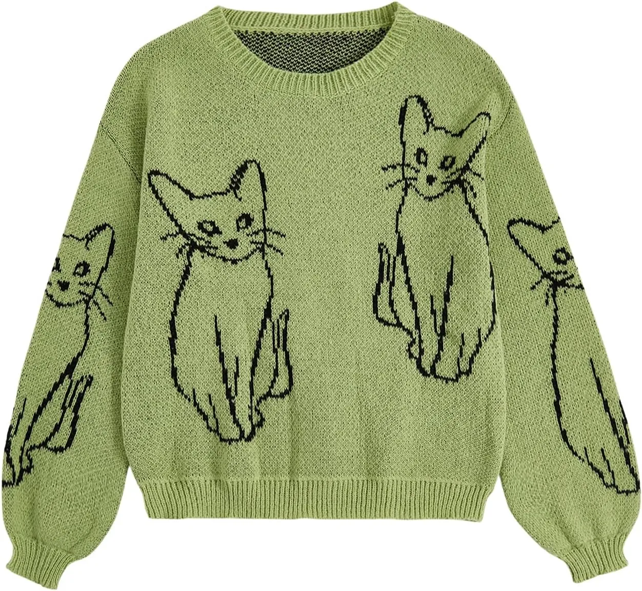 WDIRARA Women's Cartoon Cat Bishop Long Sleeve Round Neck Sweater Drop Shoulder Pullover Tops