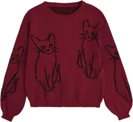 WDIRARA Women's Cartoon Cat Bishop Long Sleeve Round Neck Sweater Drop Shoulder Pullover Tops