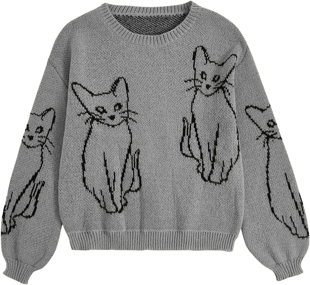 WDIRARA Women's Cartoon Cat Bishop Long Sleeve Round Neck Sweater Drop Shoulder Pullover Tops