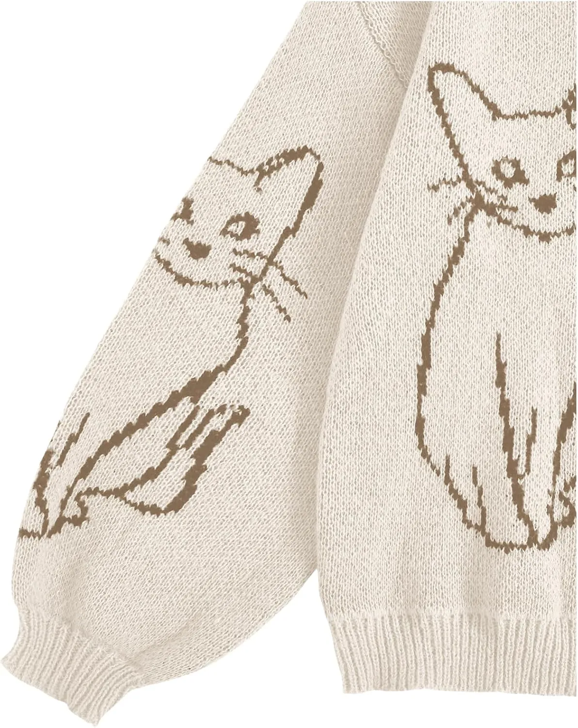 WDIRARA Women's Cartoon Cat Bishop Long Sleeve Round Neck Sweater Drop Shoulder Pullover Tops