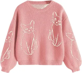 WDIRARA Women's Cartoon Cat Bishop Long Sleeve Round Neck Sweater Drop Shoulder Pullover Tops