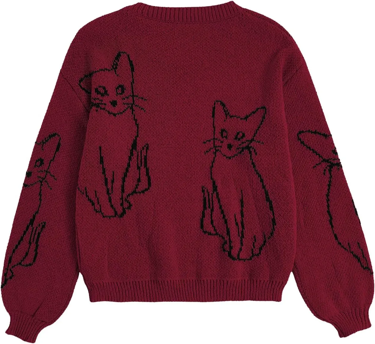 WDIRARA Women's Cartoon Cat Bishop Long Sleeve Round Neck Sweater Drop Shoulder Pullover Tops