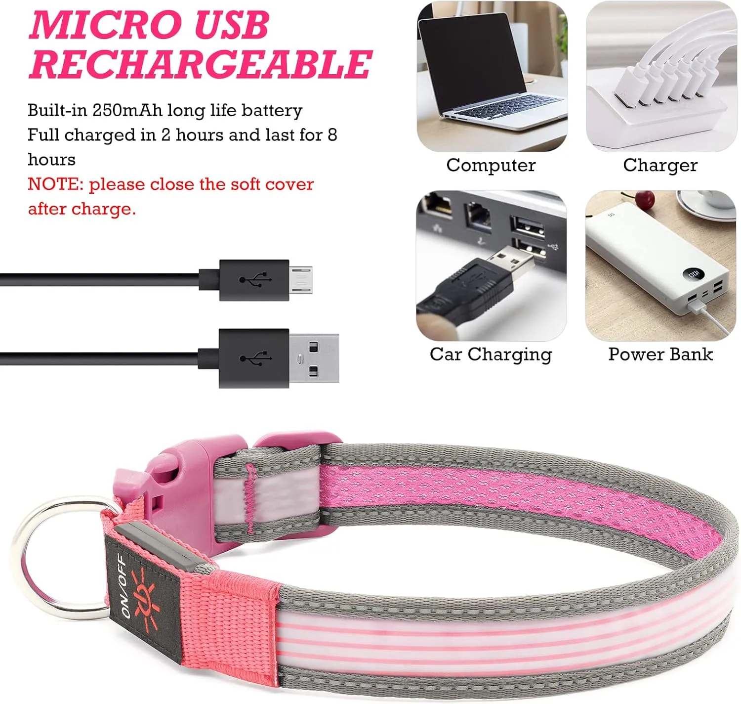YFbrite Full Adjustbale LED Dog Collar, Full Illuminated Light up Dog Collars, Reflective Dog Collar Light Glowing in The Dark for All Dogs Safety (Large, Pink-2)