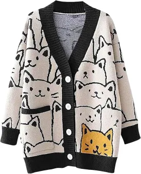 Yimoon Women's Kawaii Cat Cardigan Sweater Oversized V-Neck Button Down Knitted Loose Fit Cardigans