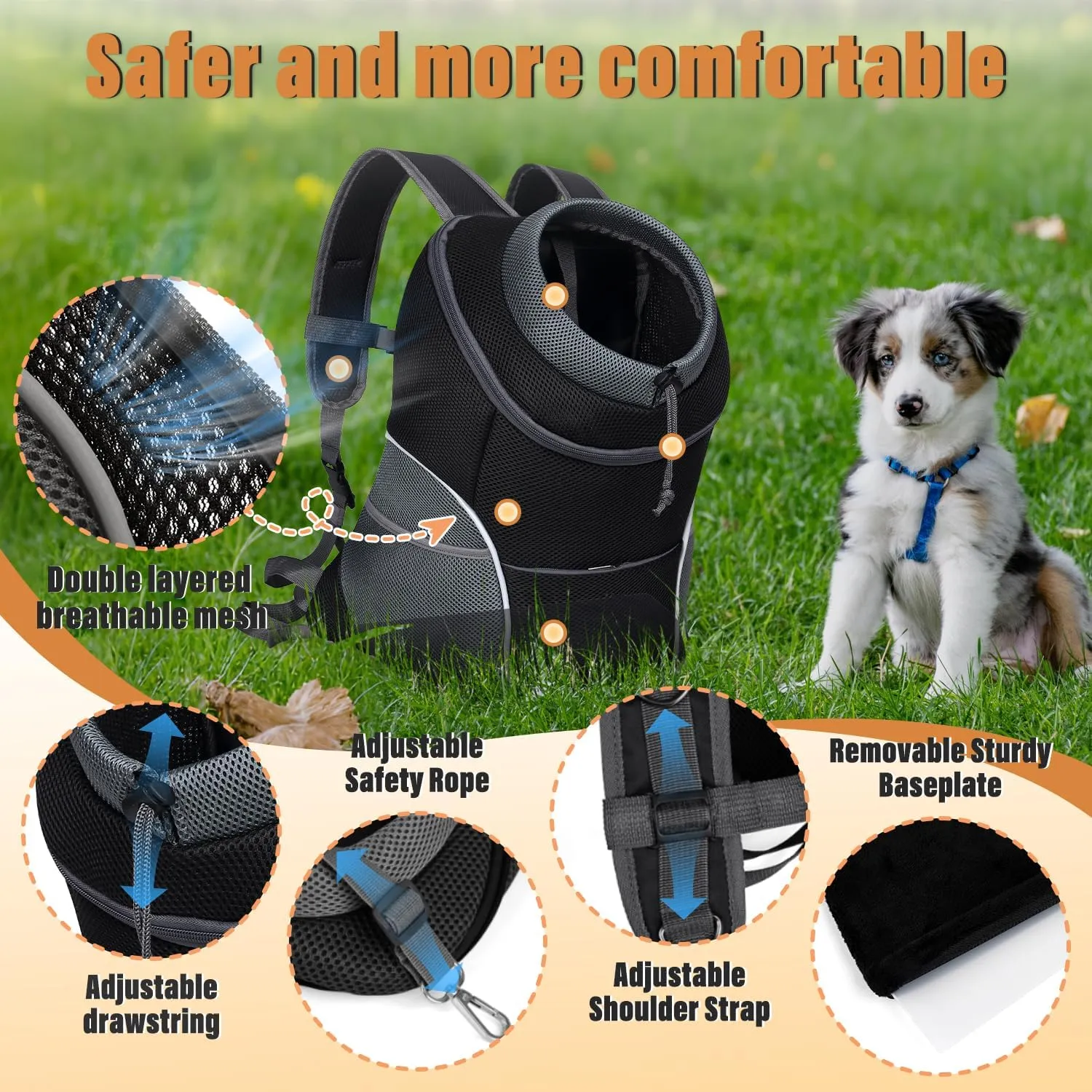 YUDODO Dog Front Carrier Backpack, Adjustable Breathable Pet Carrier for Small Dogs, Ventilated Puppy Back Pack with Safety Belt, Lightweight Doggy Backpack for Hiking Outdoor (Black, M: 4.5-9 lbs)