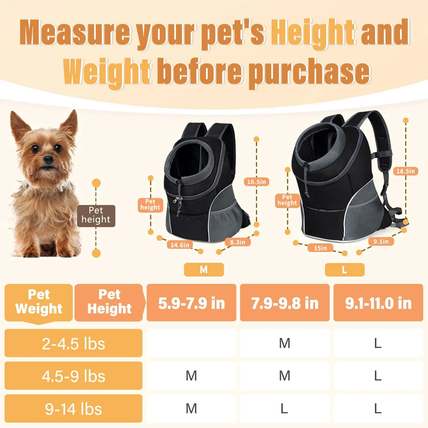 YUDODO Dog Front Carrier Backpack, Adjustable Breathable Pet Carrier for Small Dogs, Ventilated Puppy Back Pack with Safety Belt, Lightweight Doggy Backpack for Hiking Outdoor (Black, M: 4.5-9 lbs)