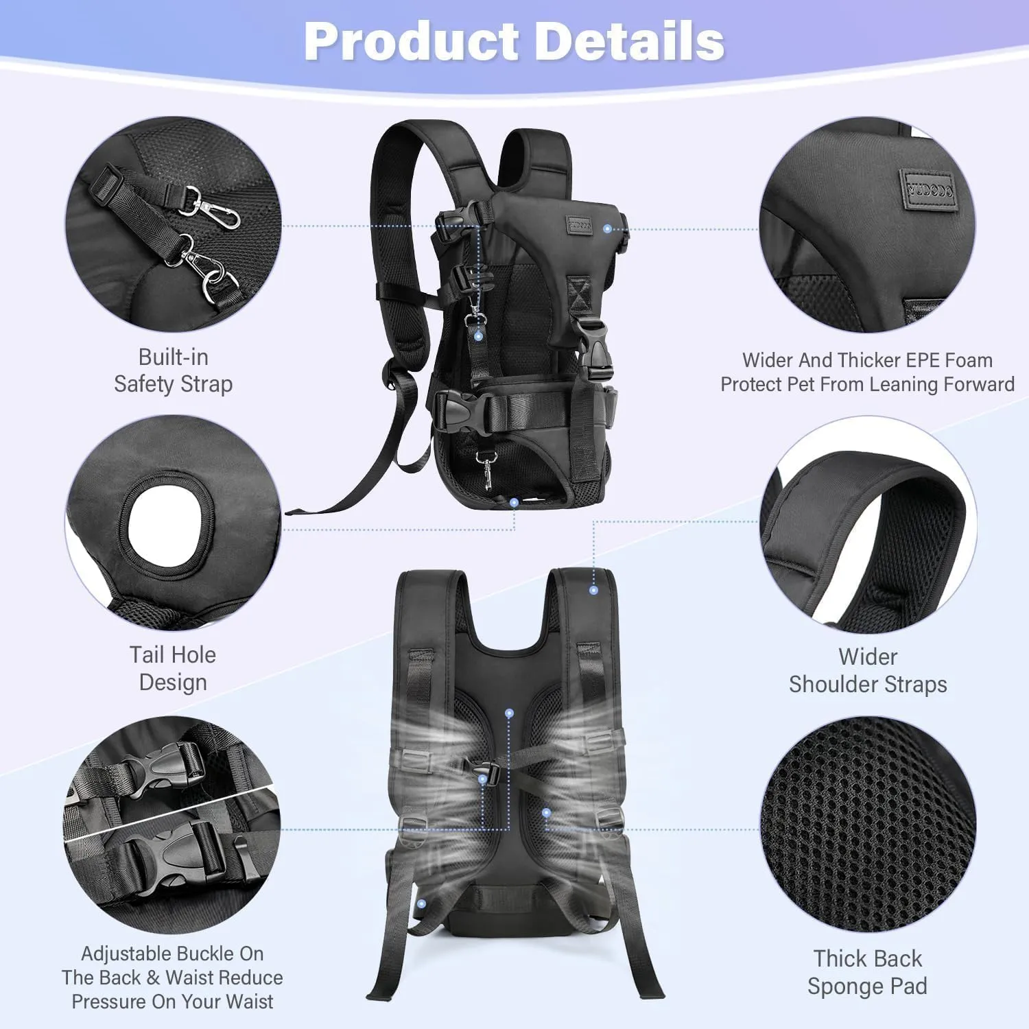 YUDODO Front Pet Carrier Backpack for Small Dogs and Cats, Secure and Breathable Mesh, Ergonomic Support, Adjustable for Walking, Hiking, or Travel (Black S)